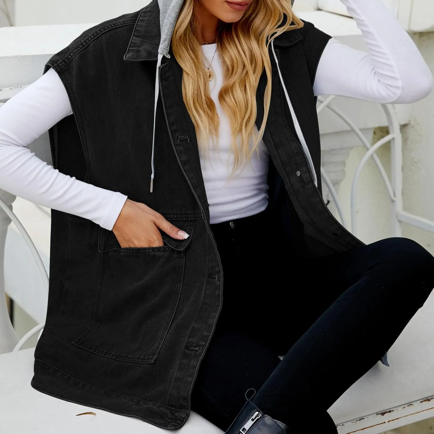 Denim Vest for Women Vintage Distressed Button Down Jean Jacket Classic Sleeveless Denim Waistcoat