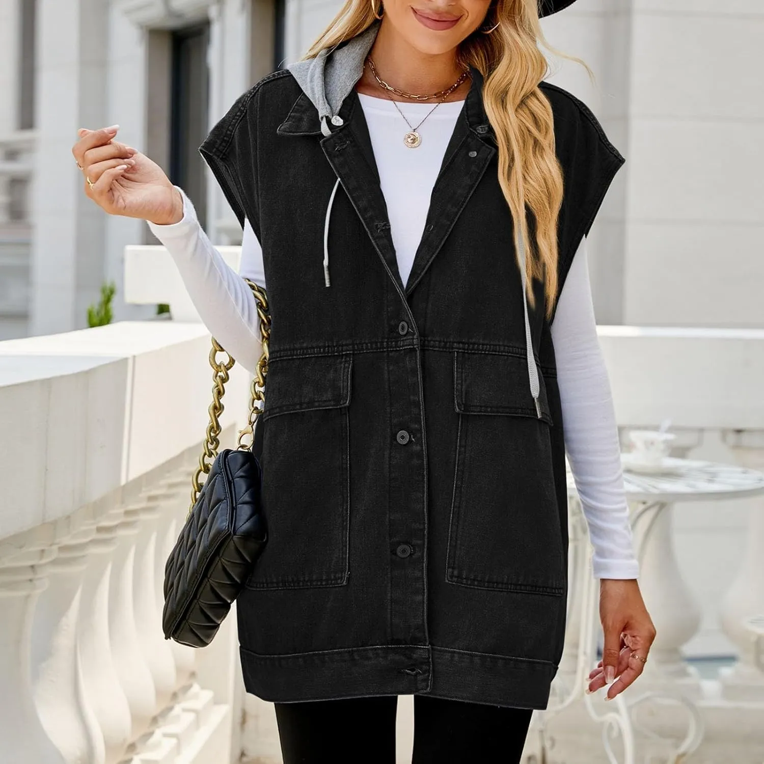 Denim Vest for Women Vintage Distressed Button Down Jean Jacket Classic Sleeveless Denim Waistcoat