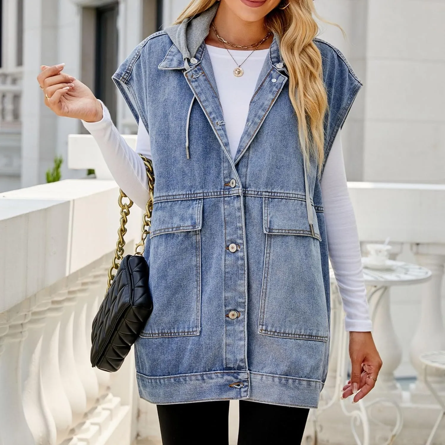 Denim Vest for Women Vintage Distressed Button Down Jean Jacket Classic Sleeveless Denim Waistcoat