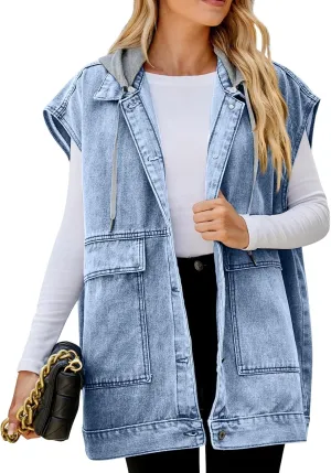 Denim Vest for Women Vintage Distressed Button Down Jean Jacket Classic Sleeveless Denim Waistcoat