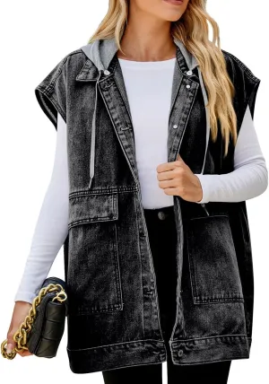 Denim Vest for Women Vintage Distressed Button Down Jean Jacket Classic Sleeveless Denim Waistcoat