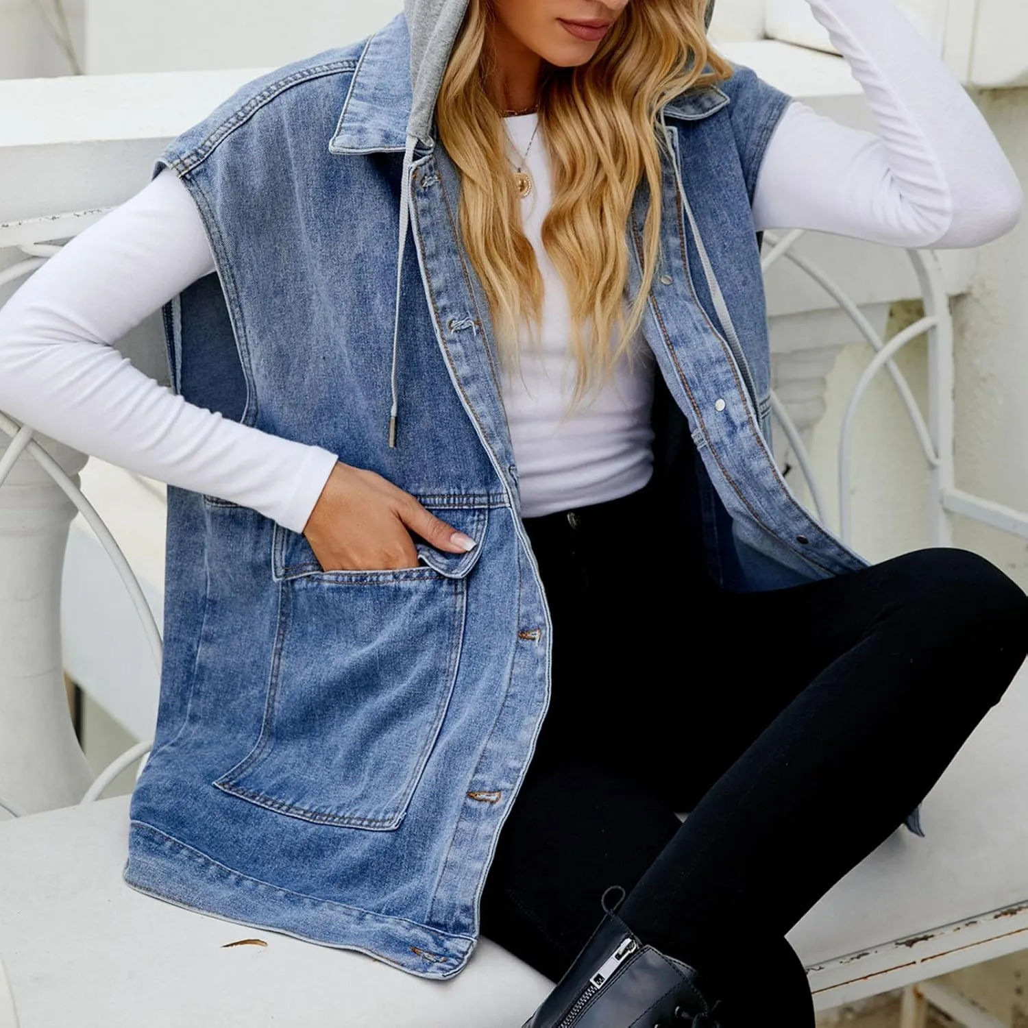 Denim Vest for Women Vintage Distressed Button Down Jean Jacket Classic Sleeveless Denim Waistcoat