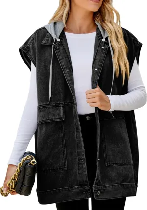 Denim Vest for Women Vintage Distressed Button Down Jean Jacket Classic Sleeveless Denim Waistcoat