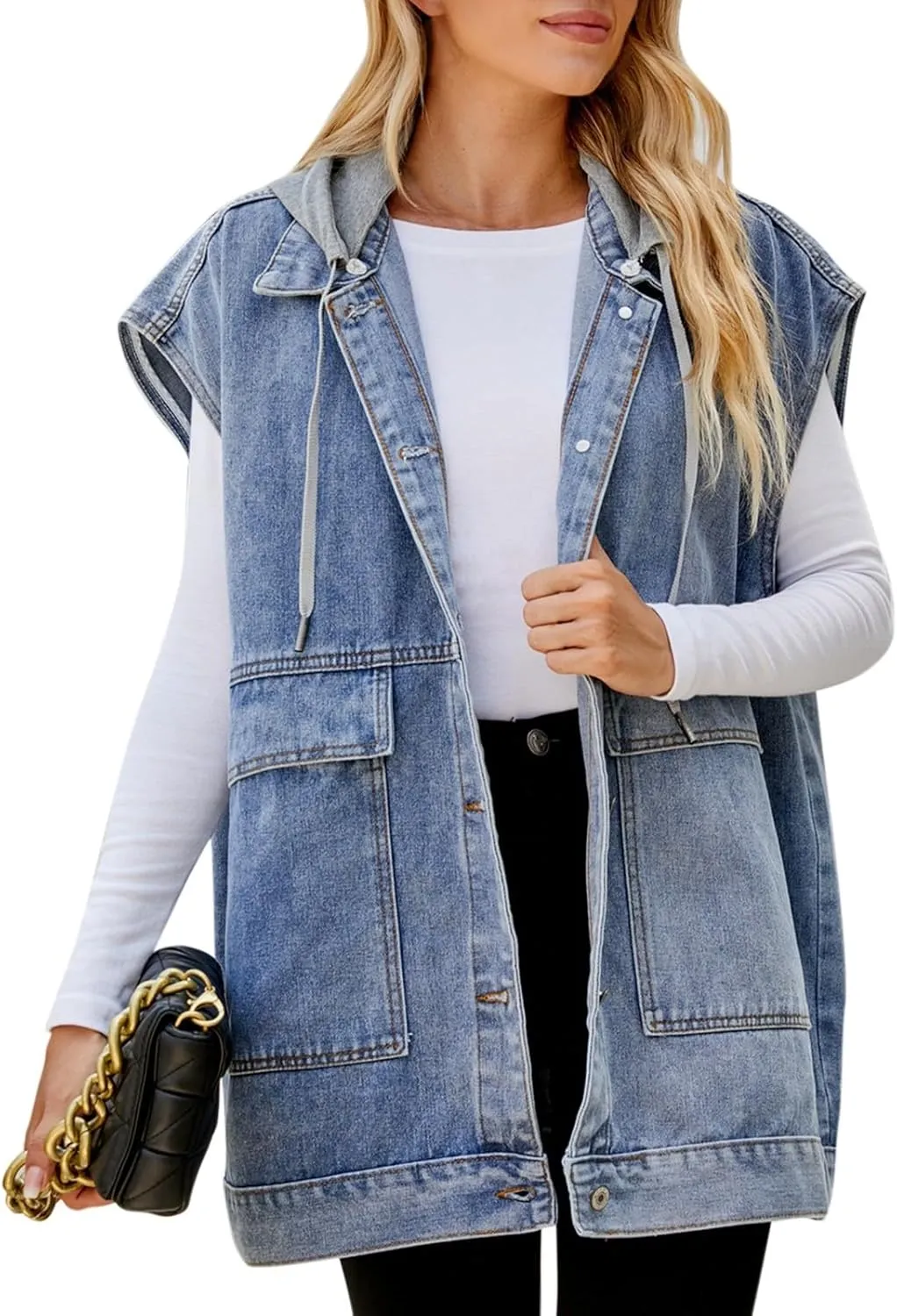 Denim Vest for Women Vintage Distressed Button Down Jean Jacket Classic Sleeveless Denim Waistcoat