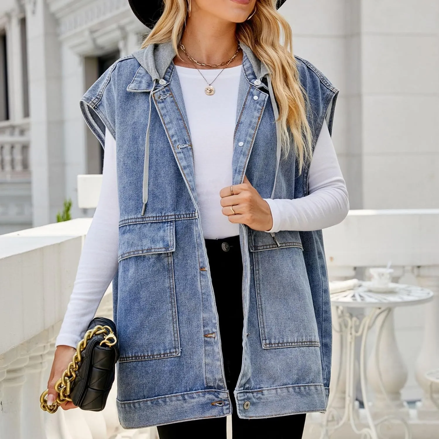 Denim Vest for Women Vintage Distressed Button Down Jean Jacket Classic Sleeveless Denim Waistcoat