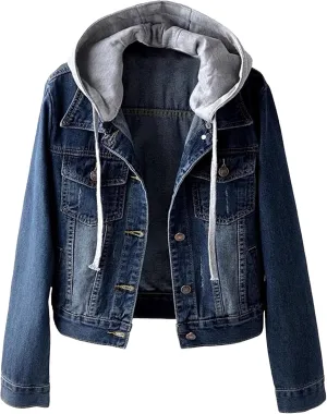 Detachable Hoodies Denim Jacket For Women Casual Fashion Wash Distresse Short Button Down Denim Jacket