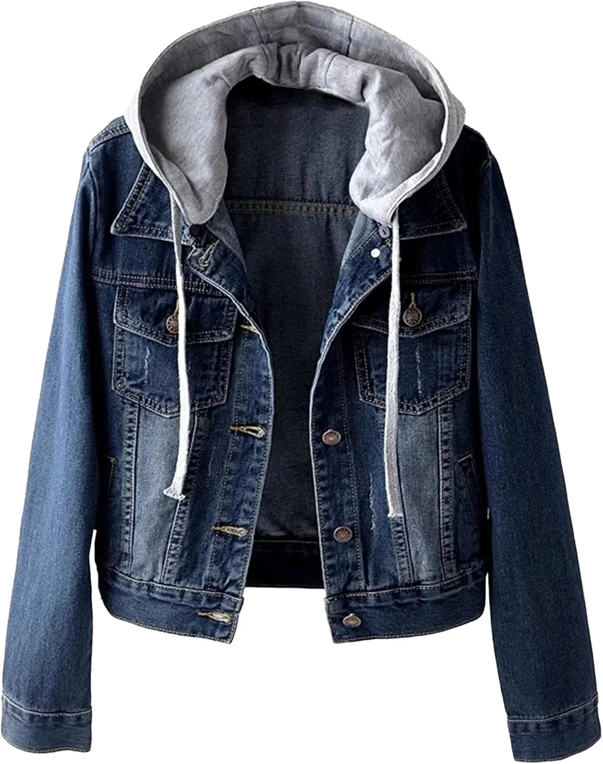 Detachable Hoodies Denim Jacket For Women Casual Fashion Wash Distresse Short Button Down Denim Jacket