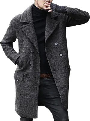 Dgoopd Mens Long Overcoat Oversized Notched Long Wool Blend Trench Coat Single Breasted Knee Length Lapel Winter Jacket