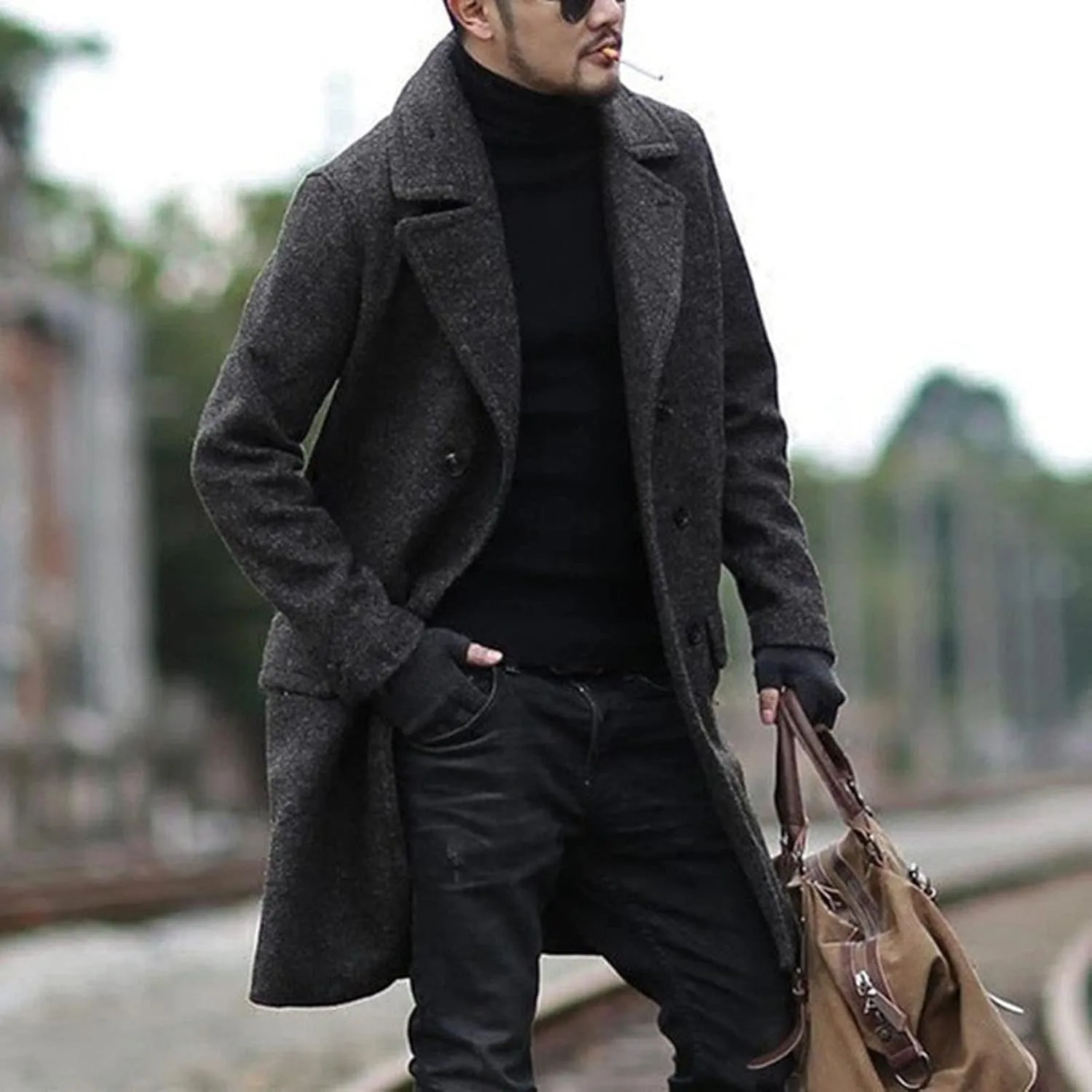 Dgoopd Mens Long Overcoat Oversized Notched Long Wool Blend Trench Coat Single Breasted Knee Length Lapel Winter Jacket