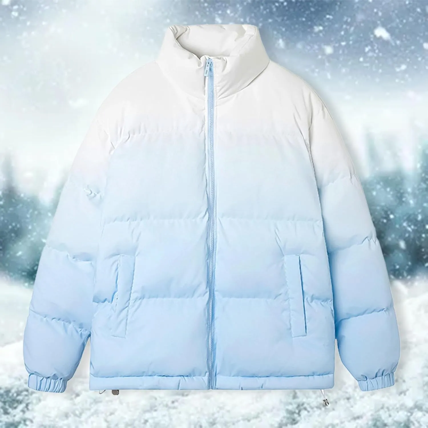 Down Puffer Jacket Men Full Zip Thicken Stand Collar Gradient Quilted Coat Warm Windproof Fashion Puffy Jacket with Pocket
