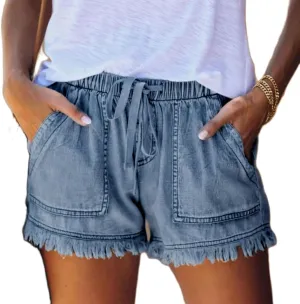 Drawstring Denim Shorts for Women Stretchy High Waisted Frayed Hem Washed Jean Shorts Casual Summer Hot Short Jeans