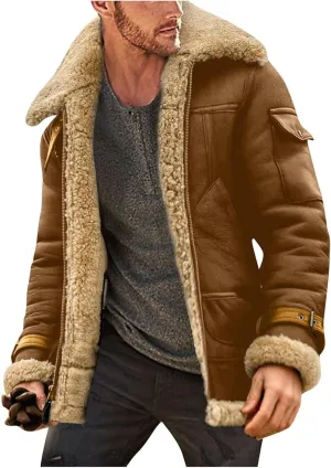 DuDubaby Men's Solid Color Frosted Fleece Composite Coat Long Sleeve Zipper Lapel Thick Coat Coat