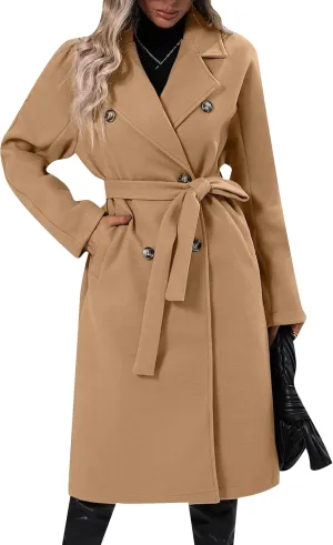 EFOFEI Women Warm Solid Color Wool Blend Jackets Double Breasted Pocket Pea Coat Mid Long Notch Lapel Coats With Belted