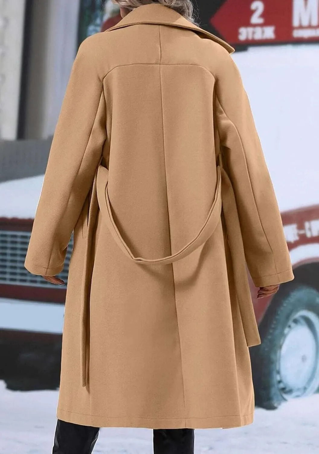 EFOFEI Women Warm Solid Color Wool Blend Jackets Double Breasted Pocket Pea Coat Mid Long Notch Lapel Coats With Belted