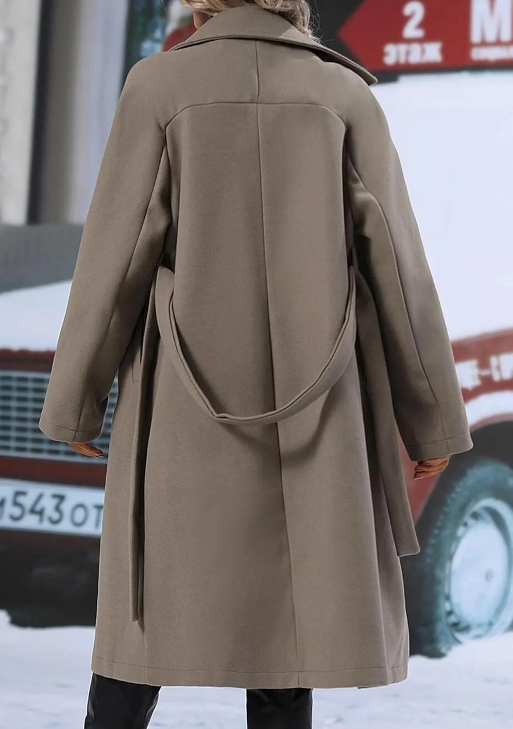 EFOFEI Women Warm Solid Color Wool Blend Jackets Double Breasted Pocket Pea Coat Mid Long Notch Lapel Coats With Belted