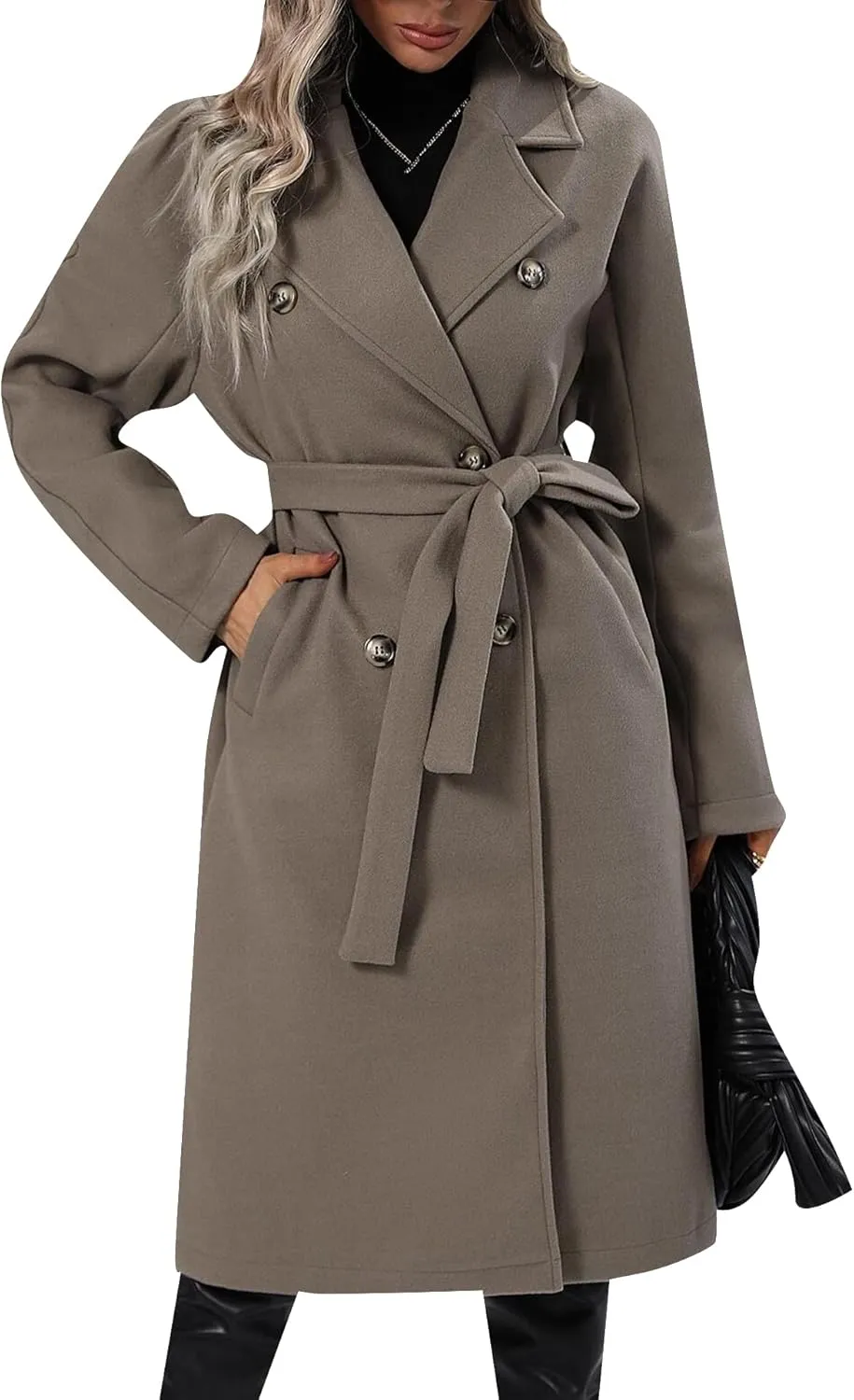 EFOFEI Women Warm Solid Color Wool Blend Jackets Double Breasted Pocket Pea Coat Mid Long Notch Lapel Coats With Belted
