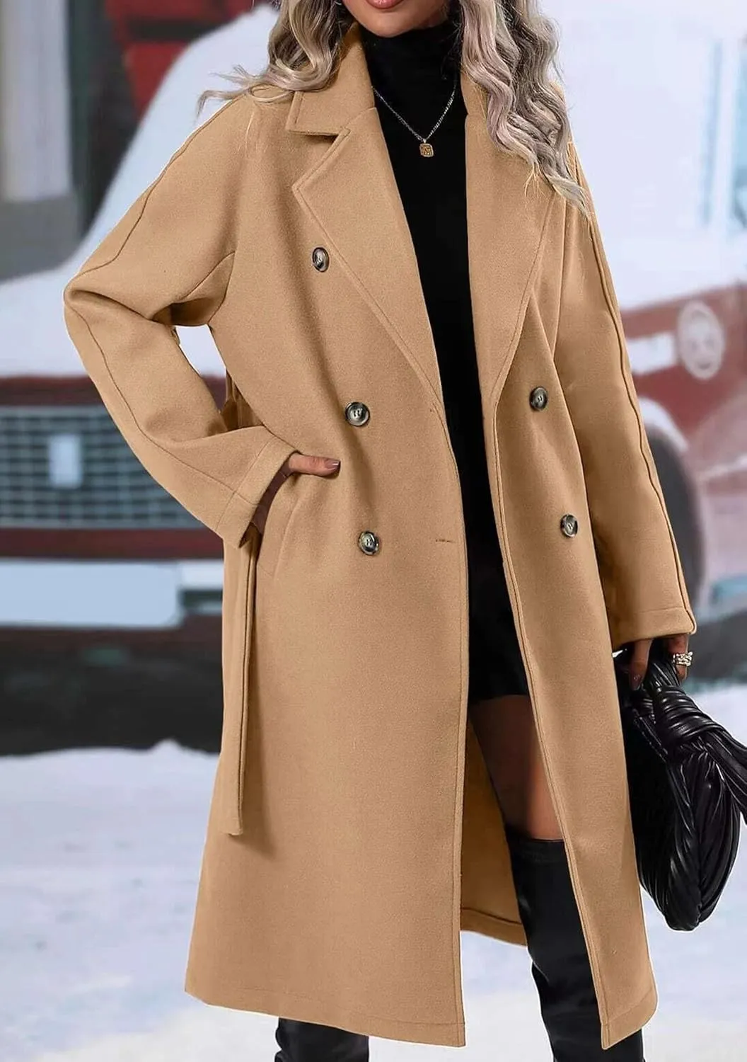 EFOFEI Women Warm Solid Color Wool Blend Jackets Double Breasted Pocket Pea Coat Mid Long Notch Lapel Coats With Belted