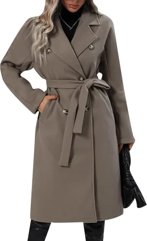 EFOFEI Women Warm Solid Color Wool Blend Jackets Double Breasted Pocket Pea Coat Mid Long Notch Lapel Coats With Belted