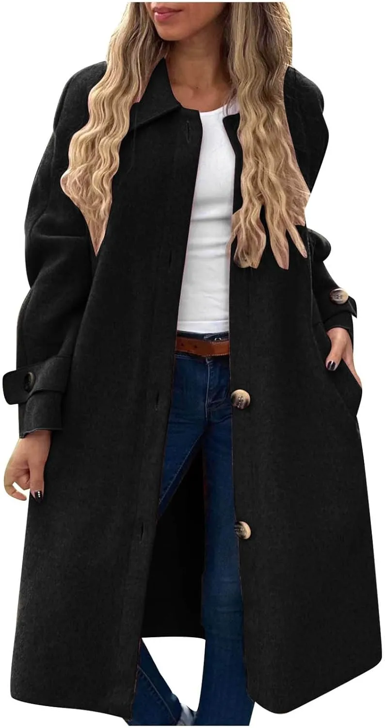 fartey Womens Trench Coat Classic Notch Lapel Winter Wool Coats Open Front Work Business Casual Jackets With Pockets