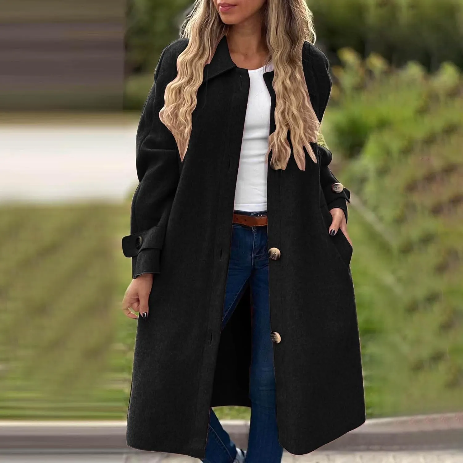 fartey Womens Trench Coat Classic Notch Lapel Winter Wool Coats Open Front Work Business Casual Jackets With Pockets