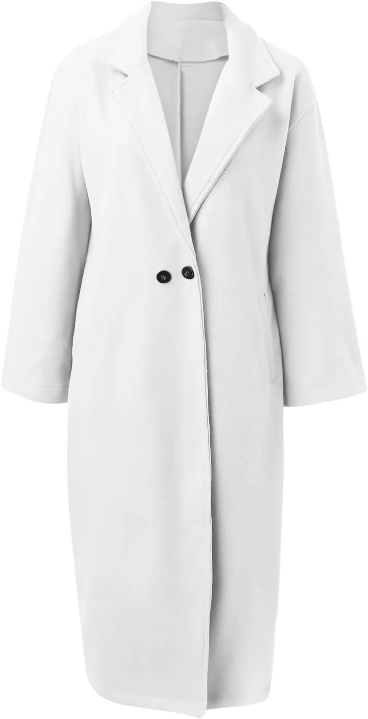 fartey Womens Trench Coat Elegant Lapel Collar Wool Blend Pea Coats Open Front Mid Long Length Office Overcoat Outwear