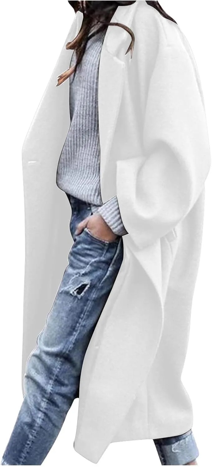fartey Womens Trench Coat Elegant Lapel Collar Wool Blend Pea Coats Open Front Mid Long Length Office Overcoat Outwear