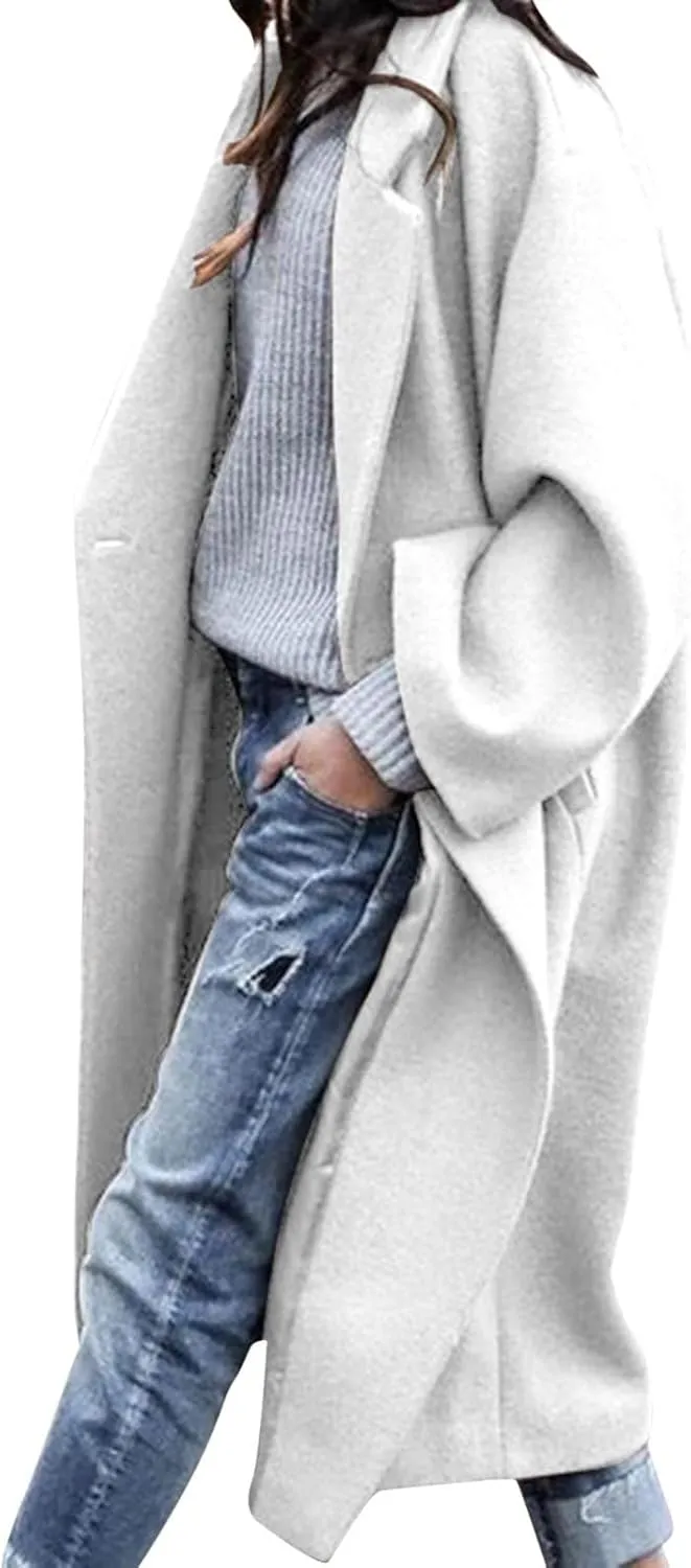 fartey Womens Trench Coat Elegant Lapel Collar Wool Blend Pea Coats Open Front Mid Long Length Office Overcoat Outwear