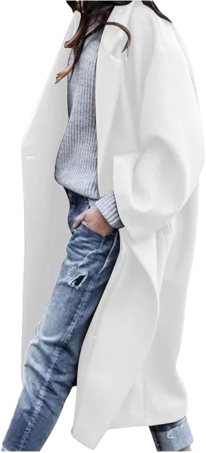fartey Womens Trench Coat Elegant Lapel Collar Wool Blend Pea Coats Open Front Mid Long Length Office Overcoat Outwear