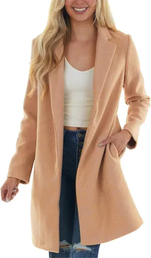 fartey Womens Winter Trench Coats Notched Lapel Collar Open Front Wool Coats Mid Long Oversized Pea Coat Outwear