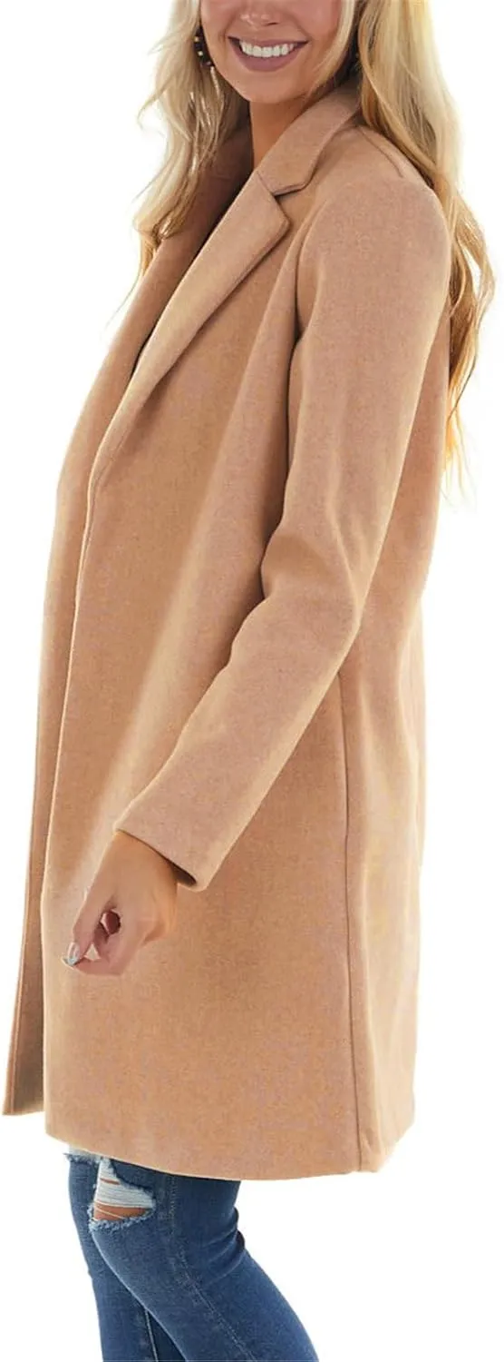 fartey Womens Winter Trench Coats Notched Lapel Collar Open Front Wool Coats Mid Long Oversized Pea Coat Outwear