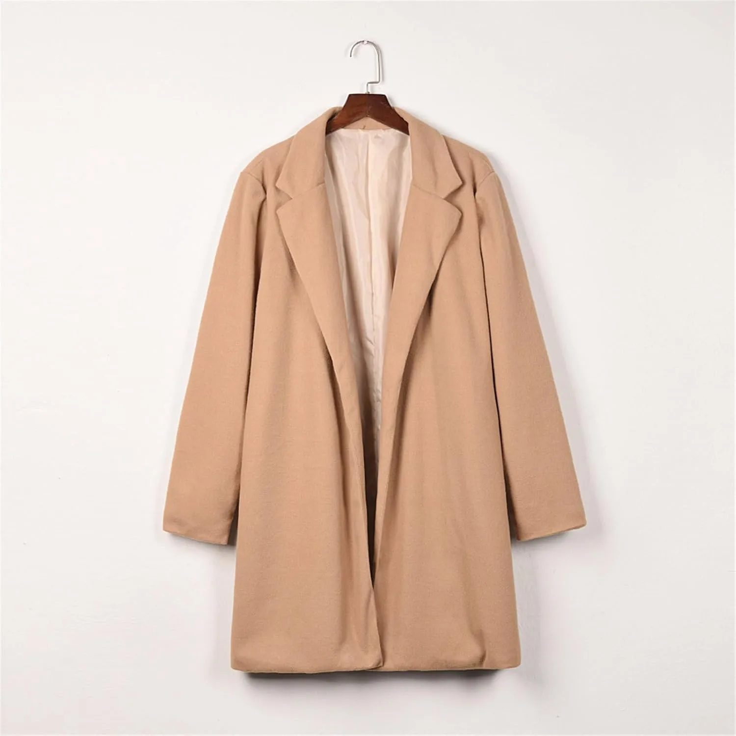 fartey Womens Winter Trench Coats Notched Lapel Collar Open Front Wool Coats Mid Long Oversized Pea Coat Outwear
