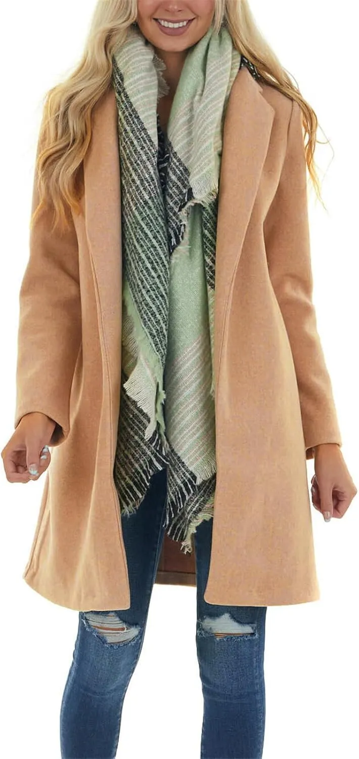 fartey Womens Winter Trench Coats Notched Lapel Collar Open Front Wool Coats Mid Long Oversized Pea Coat Outwear