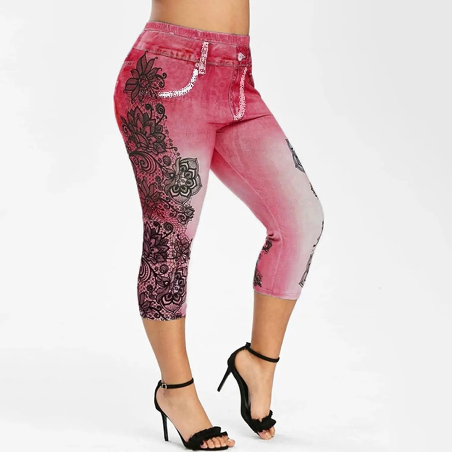 Faux Denim Leggings for Women Plus Size High Waisted Yoga Pants Capri Jeggings Short Tights Stretch Denim Jeans
