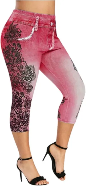 Faux Denim Leggings for Women Plus Size High Waisted Yoga Pants Capri Jeggings Short Tights Stretch Denim Jeans