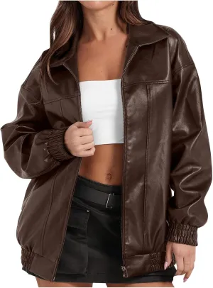Faux Leather Jacket for Women Lapel Oversized Motorcycle Jacket Zip Up Bomber Coats Winter Fashion 2024 Fall Outfits