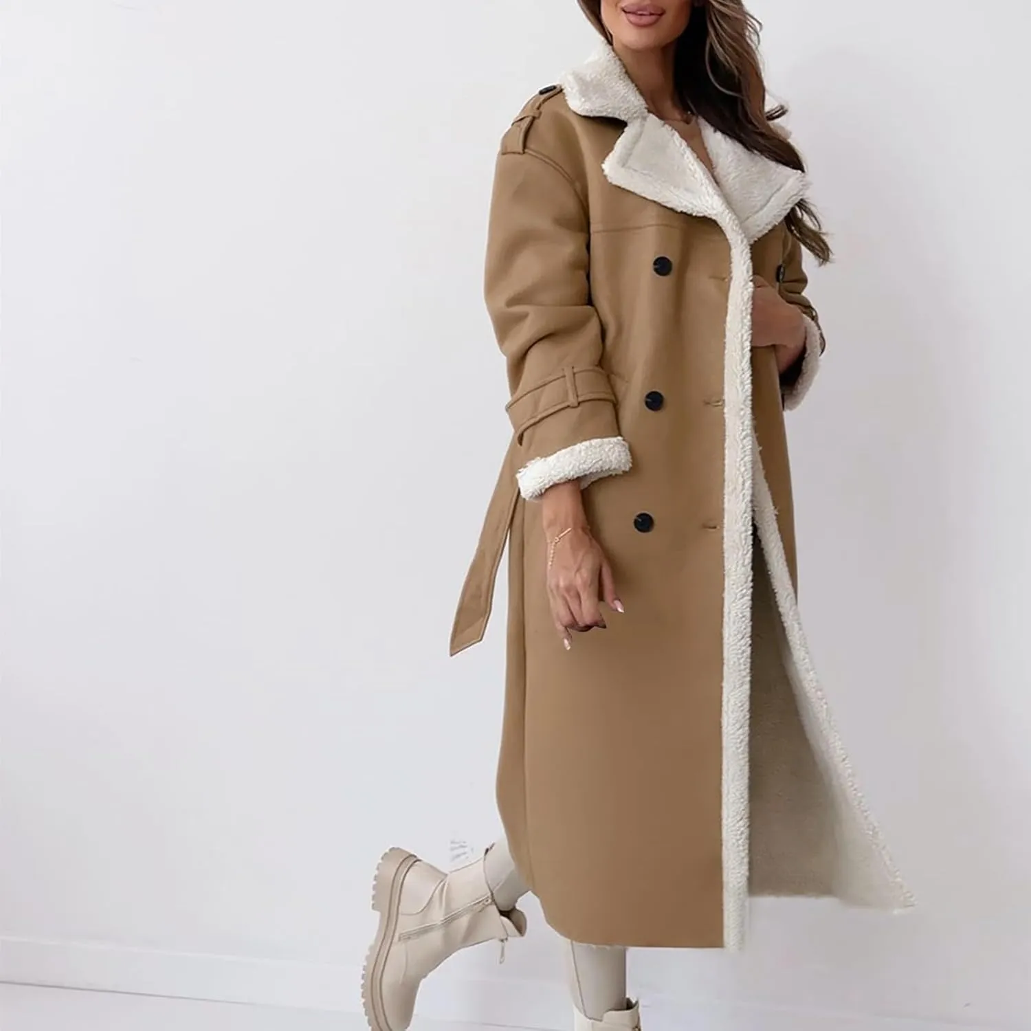 Faux Leather Jacket Women Sherpa Lined Winter Coats Belted Fleece Jackets Warm Furry Outerwear Suede Overcoat