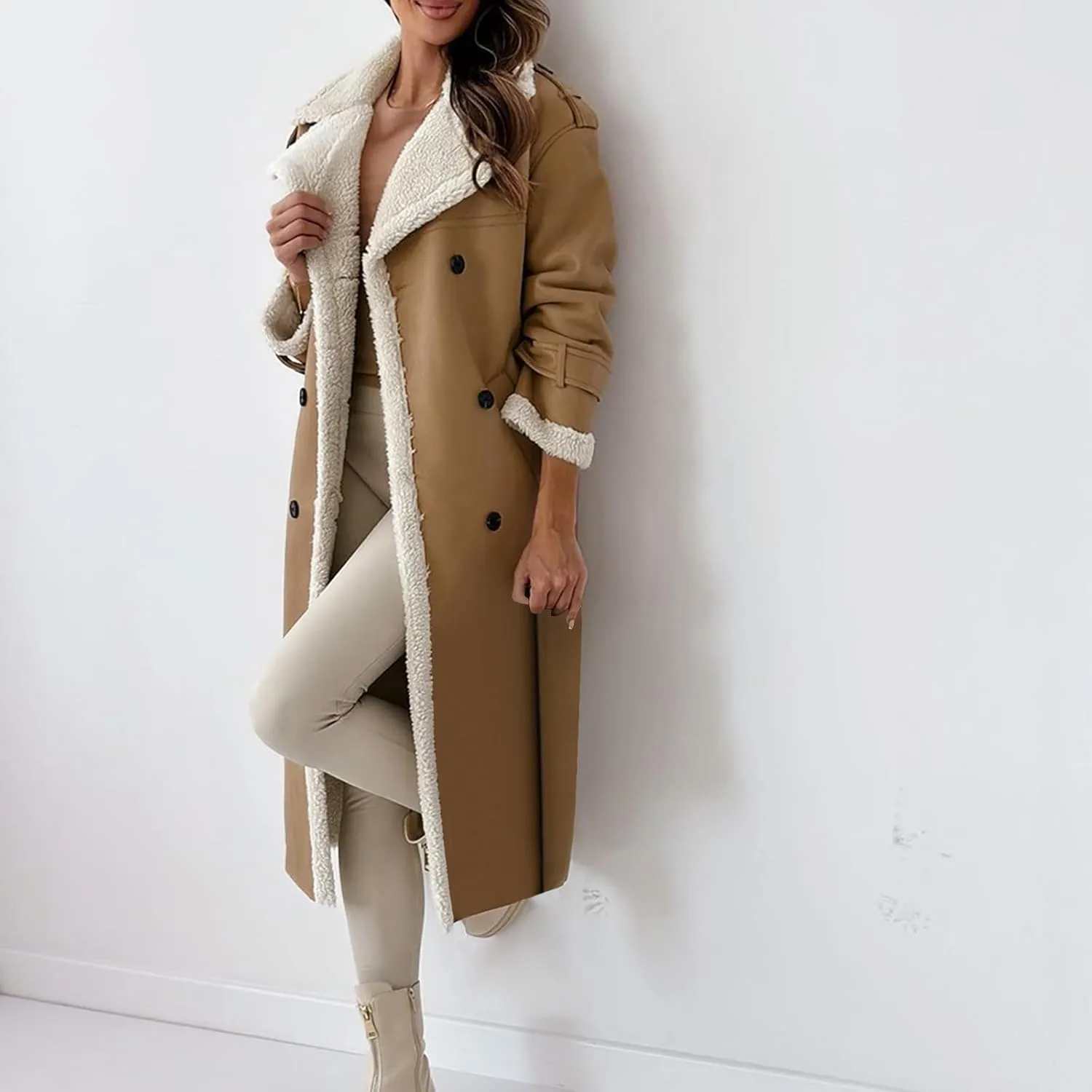 Faux Leather Jacket Women Sherpa Lined Winter Coats Belted Fleece Jackets Warm Furry Outerwear Suede Overcoat