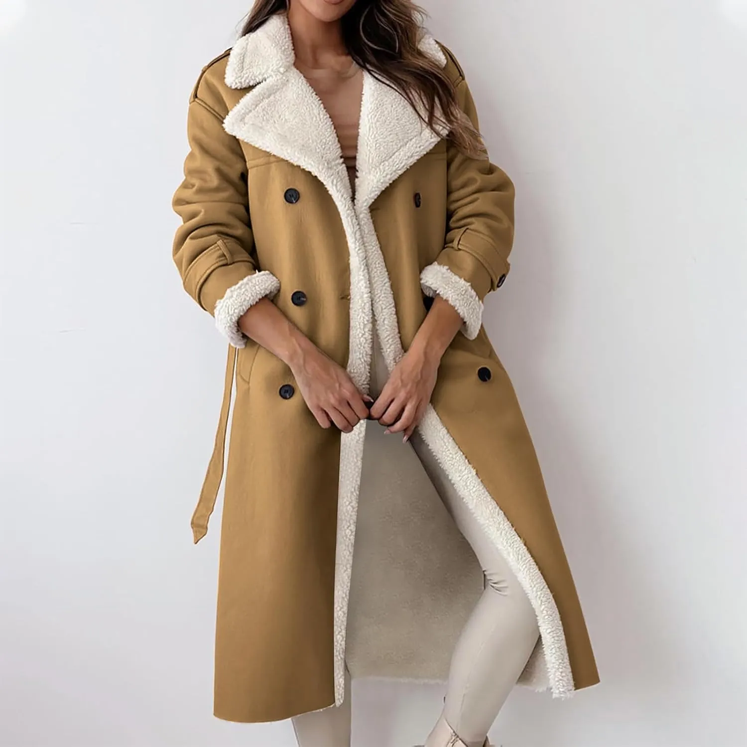 Faux Leather Jacket Women Sherpa Lined Winter Coats Belted Fleece Jackets Warm Furry Outerwear Suede Overcoat