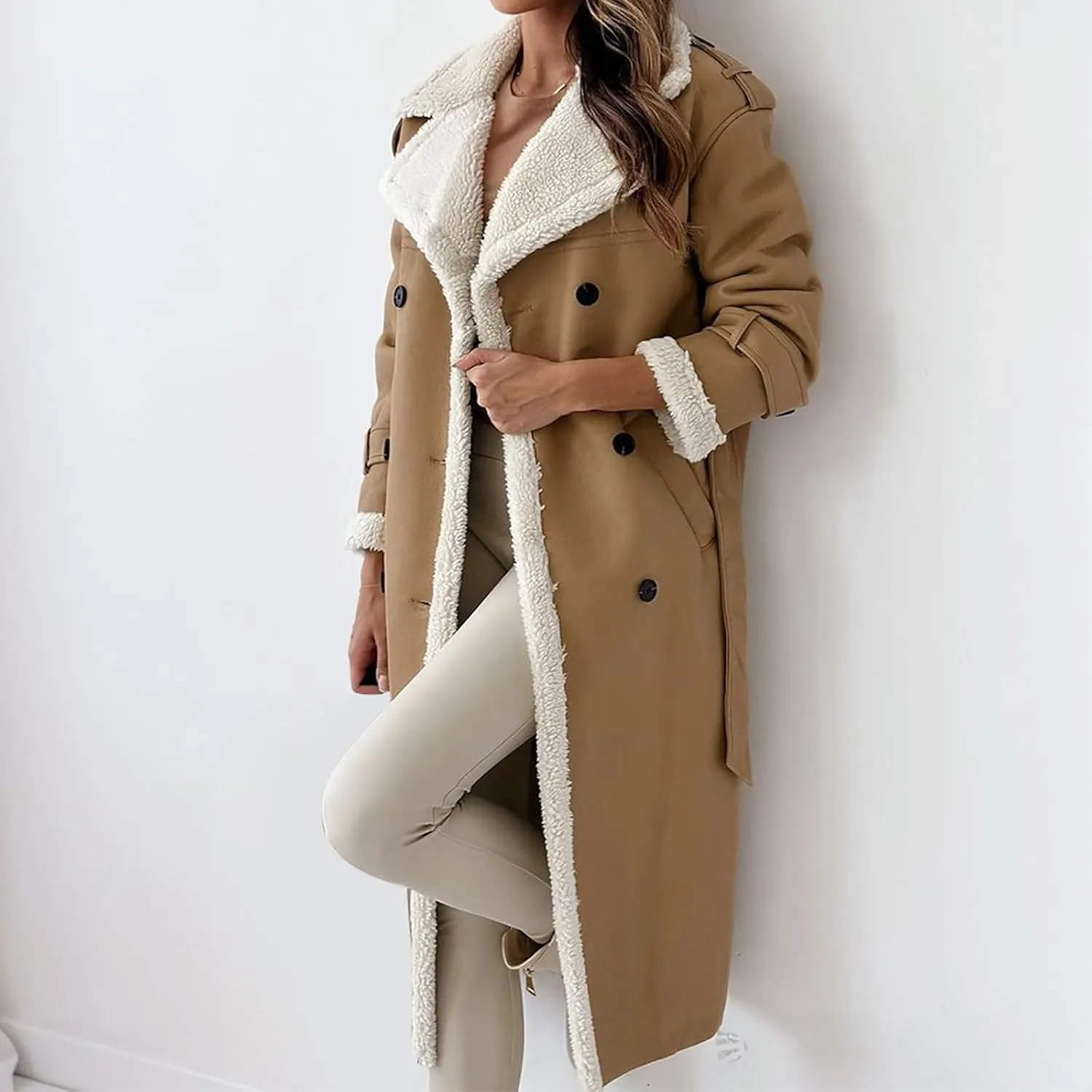 Faux Leather Jacket Women Sherpa Lined Winter Coats Belted Fleece Jackets Warm Furry Outerwear Suede Overcoat