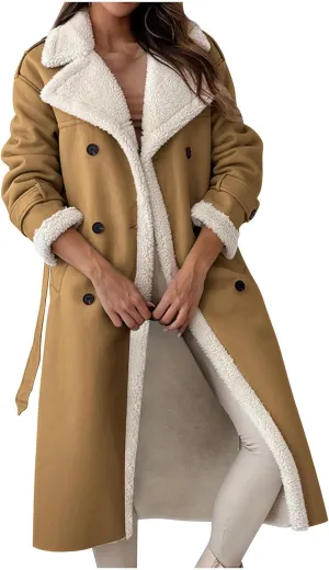 Faux Leather Jacket Women Sherpa Lined Winter Coats Belted Fleece Jackets Warm Furry Outerwear Suede Overcoat