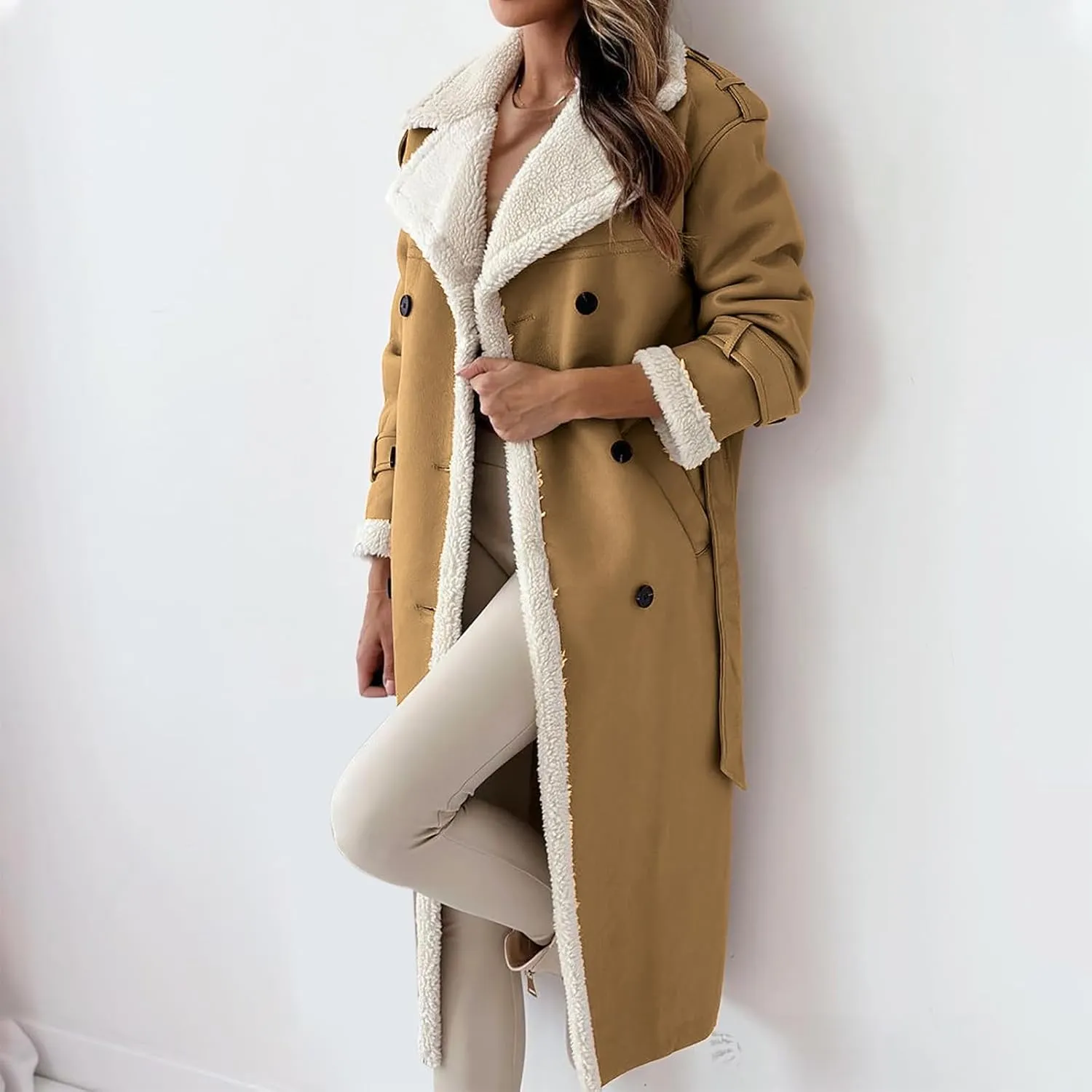 Faux Leather Jacket Women Sherpa Lined Winter Coats Belted Fleece Jackets Warm Furry Outerwear Suede Overcoat
