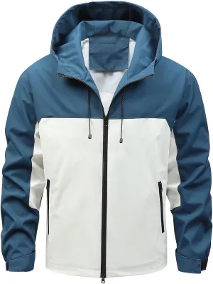 Finelylove Mens Lightweight Rain Jacket Waterproof Outdoor Hooded Raincoat Patchwork Hiking Travel Softshell Windbreaker