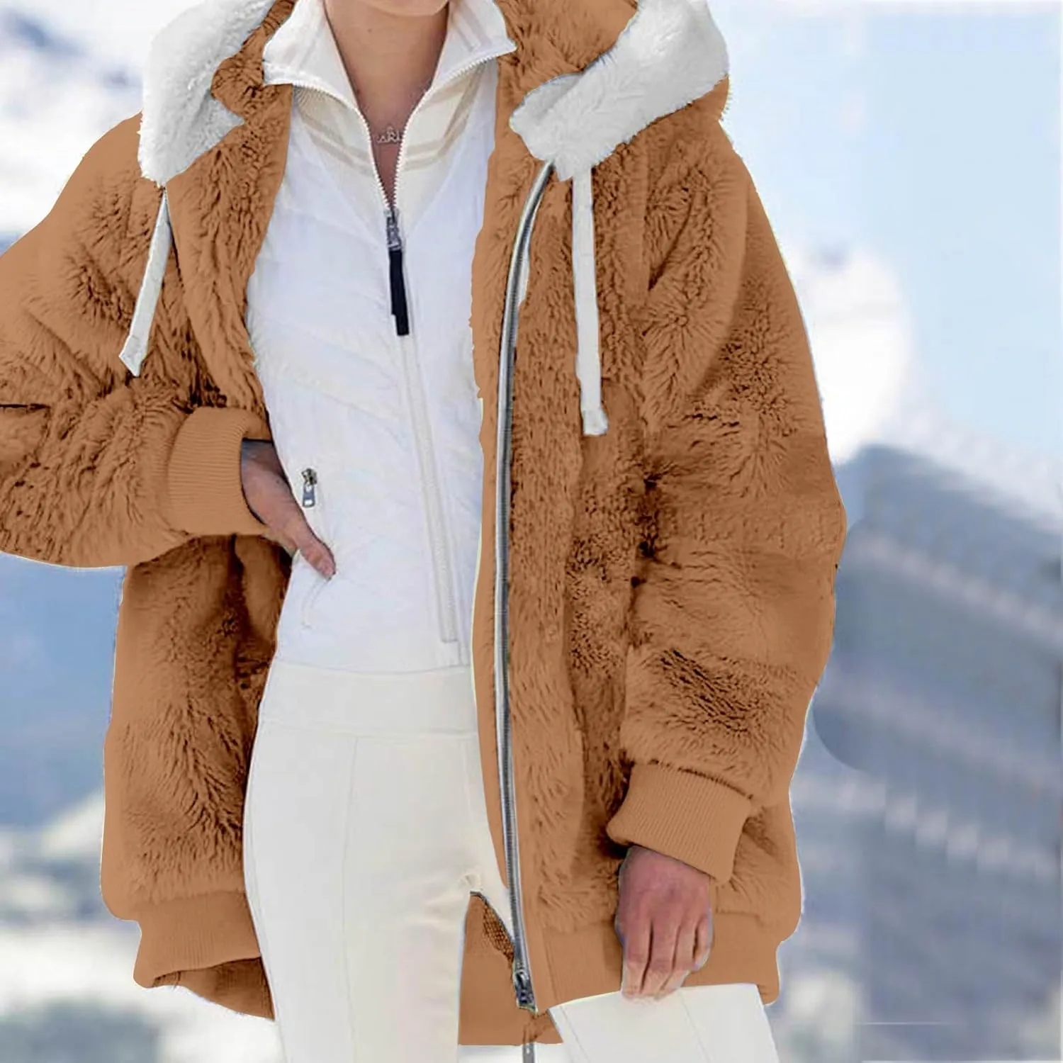 Flannel Jacket Women,Stitching Pocket Hooded Coats Jacket Pullover Sweatershirt Coat Warm Artificial Wool Pockets