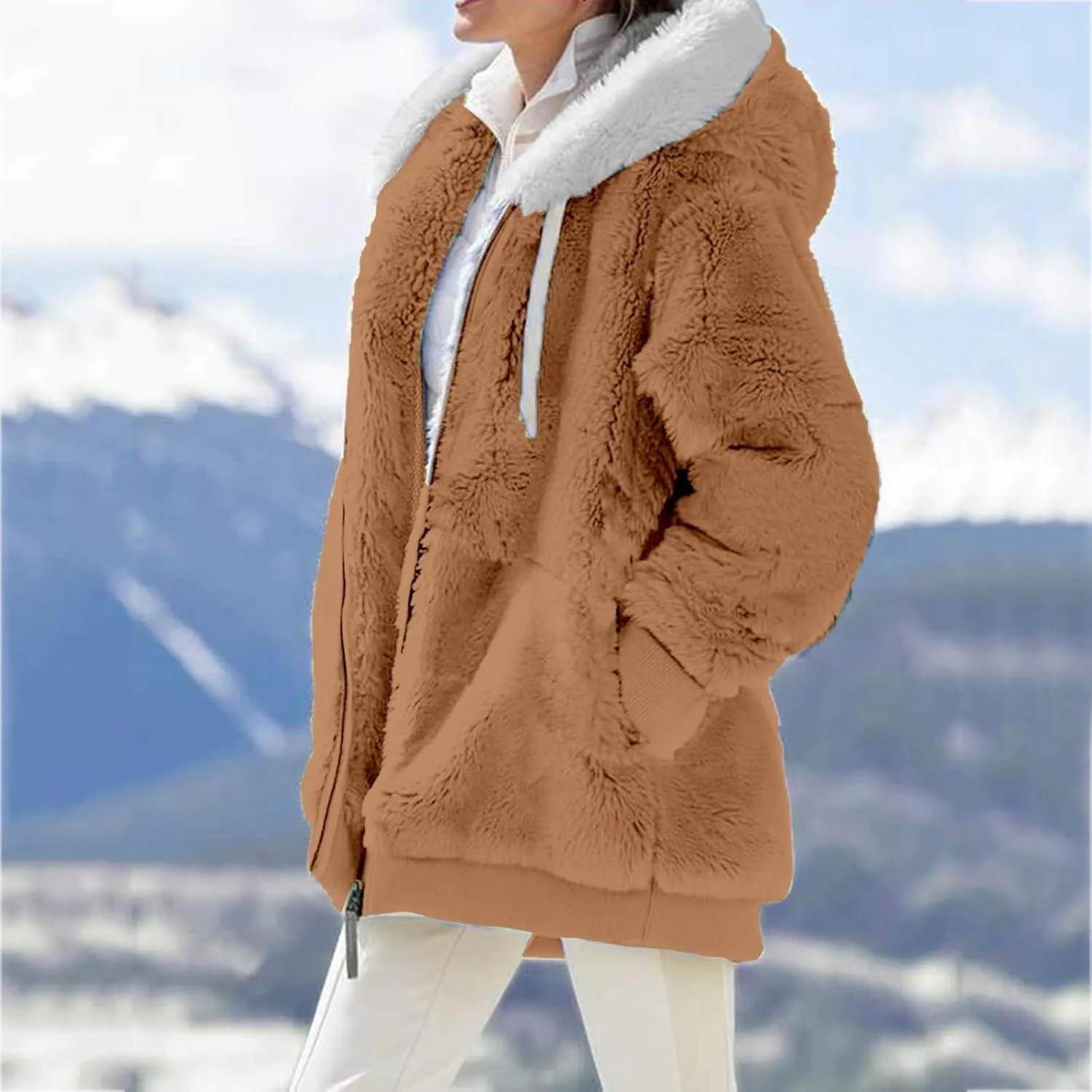 Flannel Jacket Women,Stitching Pocket Hooded Coats Jacket Pullover Sweatershirt Coat Warm Artificial Wool Pockets