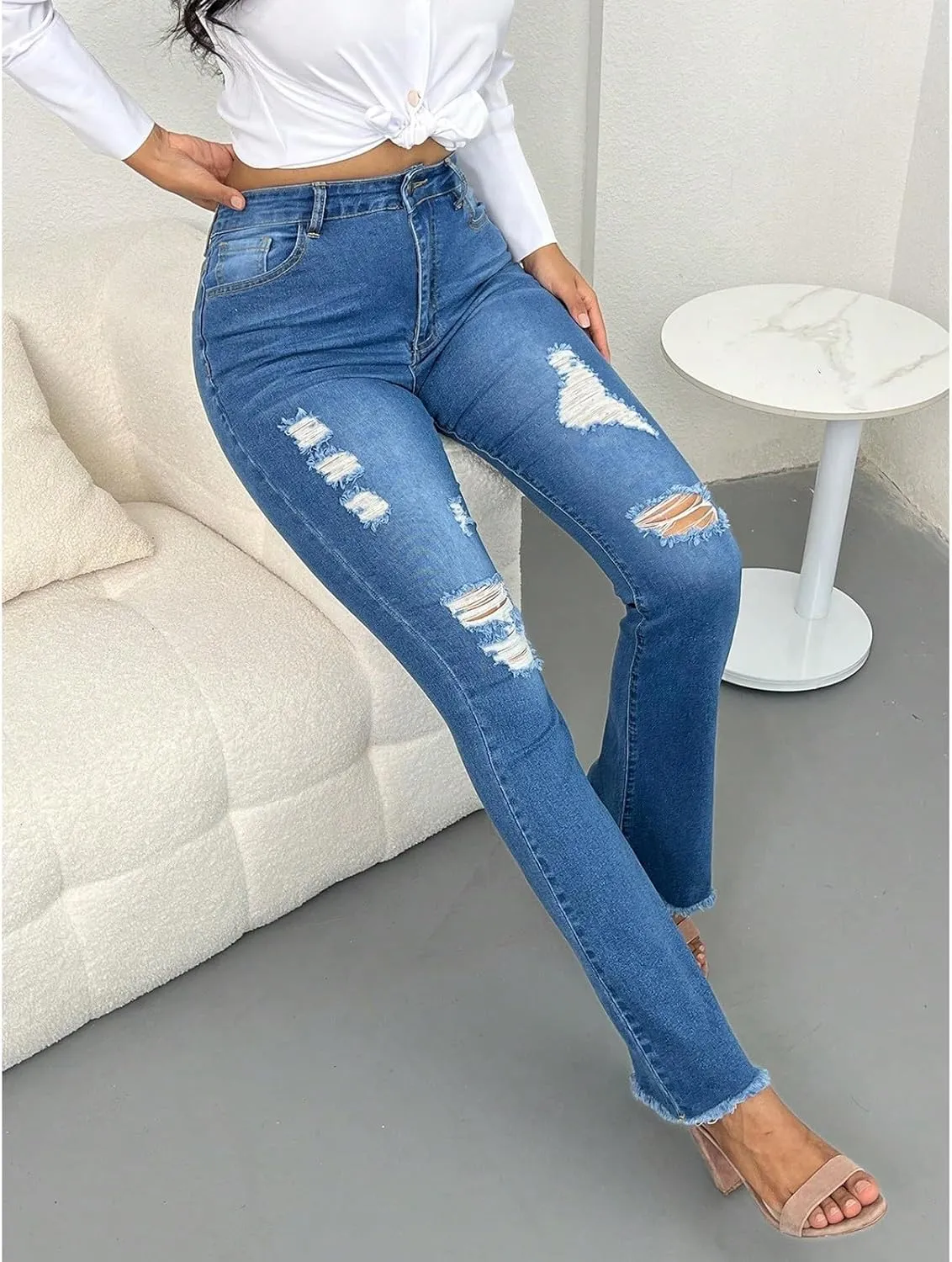 Flare Ripped Jeans Womens High Waisted Distressed Skinny Bootcut Jeans Bell Bottom Pants Denim Pants with Pockets