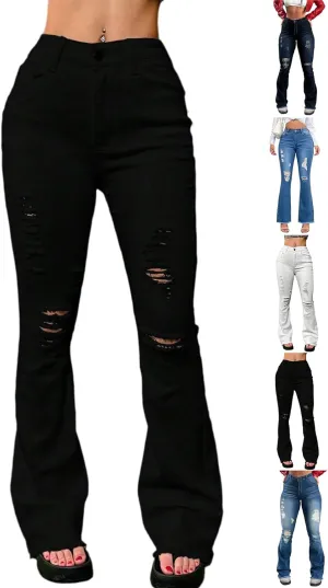 Flare Ripped Jeans Womens High Waisted Distressed Skinny Bootcut Jeans Bell Bottom Pants Denim Pants with Pockets