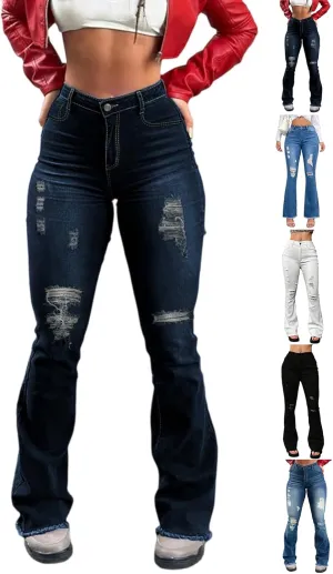 Flare Ripped Jeans Womens High Waisted Distressed Skinny Bootcut Jeans Bell Bottom Pants Denim Pants with Pockets