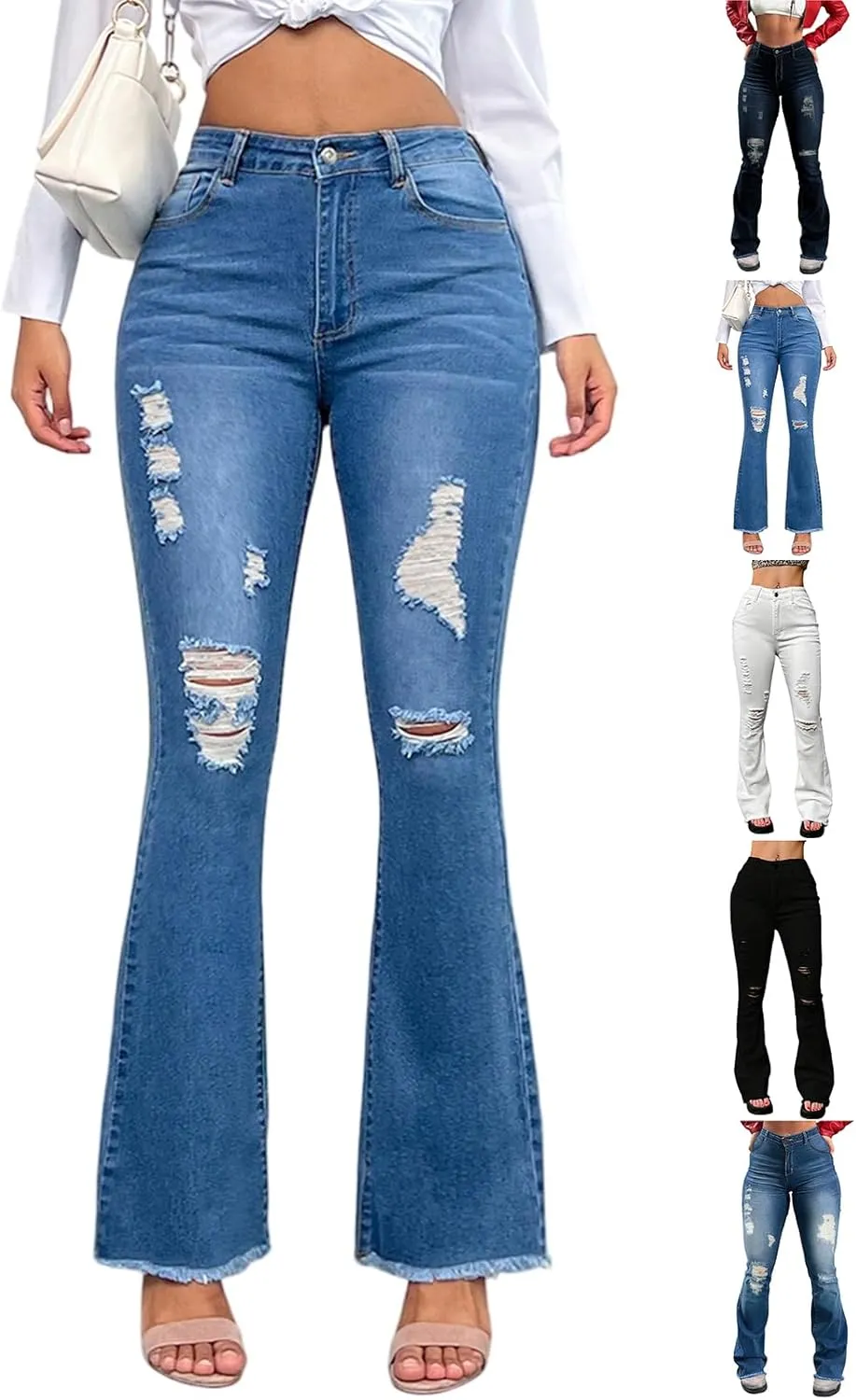 Flare Ripped Jeans Womens High Waisted Distressed Skinny Bootcut Jeans Bell Bottom Pants Denim Pants with Pockets