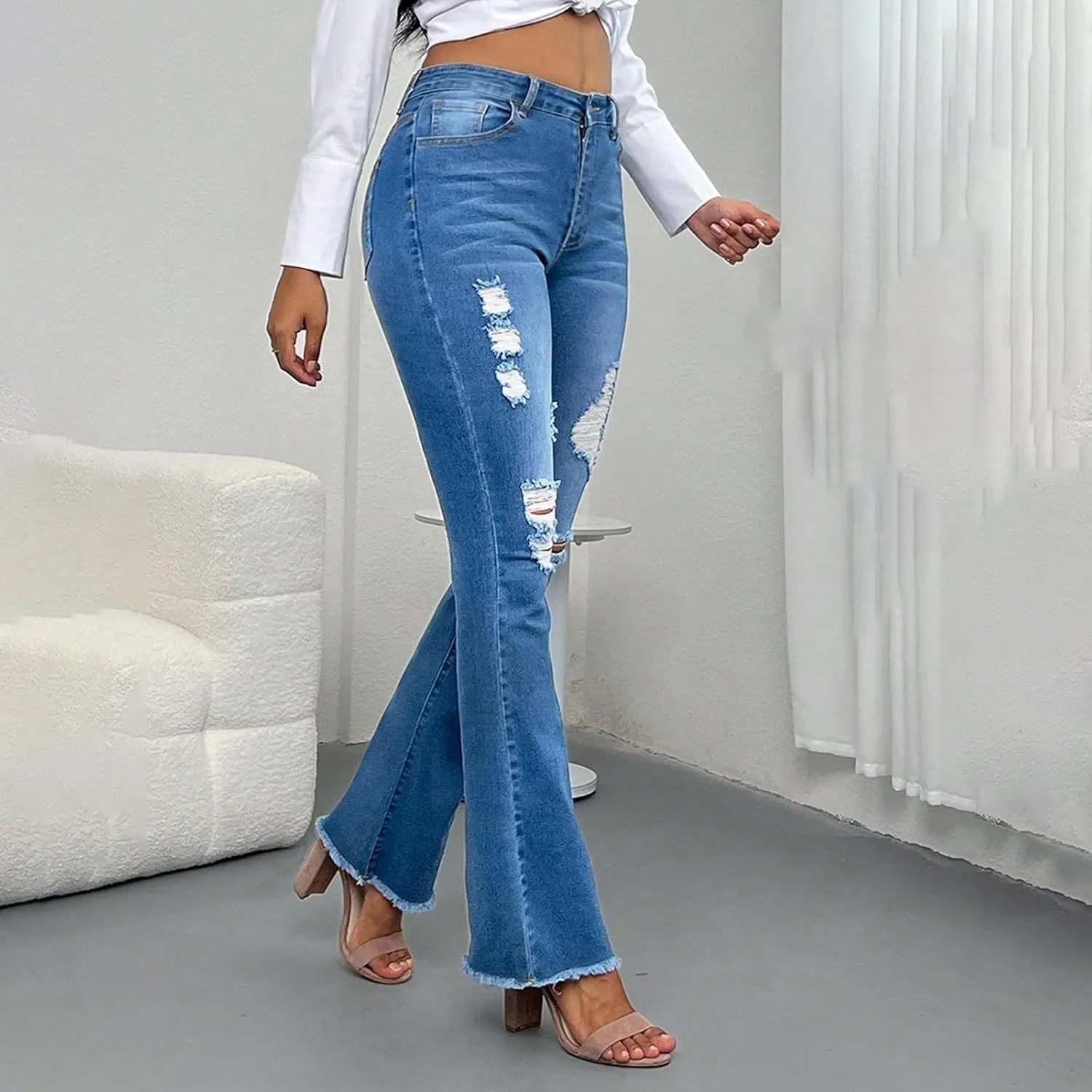 Flare Ripped Jeans Womens High Waisted Distressed Skinny Bootcut Jeans Bell Bottom Pants Denim Pants with Pockets
