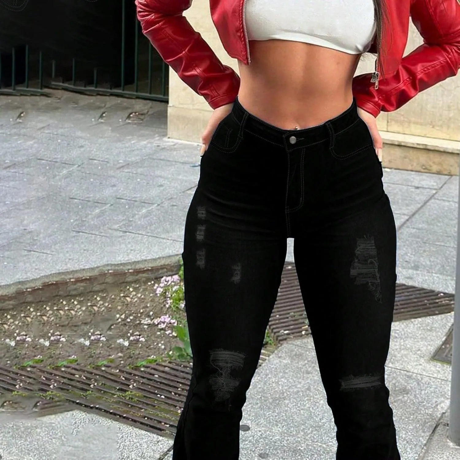 Flare Ripped Jeans Womens High Waisted Distressed Skinny Bootcut Jeans Bell Bottom Pants Denim Pants with Pockets